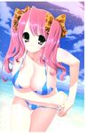  beach bikini breast_hold cleavage high_res itoh_ben mizugi pink_hair striped striped_bikini striped_swimsuit twin_tails undressing wet 