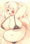  big_breasts bikini blonde_hair blush breasts camel_toe canine chubby clothed clothing fat female hair looking_at_viewer mammal mcdonnell-douglas midriff overweight raised_arm red_eyes skimpy solo swimsuit 