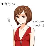  alternate_breast_size brown_eyes brown_hair flat_chest lowres meiko satou_m short_hair solo translated vocaloid 
