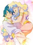  1boy 1girl armlet bad_id bad_pixiv_id blue_hair bracelet carrying couple dress earrings happy hetero jewelry mosako multicolored_hair nia_teppelin pink_dress ring simon smile symbol-shaped_pupils tengen_toppa_gurren_lagann two-tone_hair 