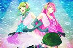  2girls green_eyes green_hair gumi happy_synthesizer_(vocaloid) long_hair megurine_luka multiple_girls pantyhose pink_hair short_hair smile vocaloid 