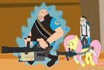  black_hair bullets cutie_mark doctor equine eyewear female feral fluttershy_(mlp) friendship_is_magic glasses gloves gonzahermeg hair heavy heavy_(team_fortress_2) horse human lab_coat male mammal medic medic_(team_fortress_2) minigun my_little_pony pegasus pink_hair pony team_fortress_2 weapon wings 