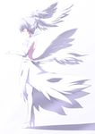  bare_back bare_shoulders darker_than_black dress elbow_gloves full_body gloves head_wings high_heels kaname_nagi ponytail profile shadow shoes silver_hair simple_background solo standing thighhighs white white_background white_legwear wings yin 