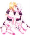  alternate_costume blonde_hair bloom blush charlotte_dunois choker closed_eyes couple enmaided eyepatch french_kiss glowing holding_hands infinite_stratos kiss laura_bodewig long_hair maid maid_headdress mine_(peak) multiple_girls silver_hair simple_background sitting thighhighs white_legwear yokozuwari yuri 