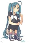  ahoge aqua_eyes aqua_hair ataru_(ataru_squall) food food_on_face full_body hatsune_miku leg_hug long_hair popsicle raglan_sleeves shoes simple_background sneakers socks solo squatting twintails very_long_hair vocaloid 