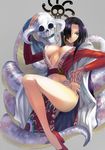  amazon black_eyes black_hair boa_hancock breasts bun-o cleavage earrings high_heels jewelry large_breasts legs long_hair long_legs one_piece salome_(one_piece) shoes skull smile snake thighs 
