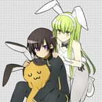  1boy 1girl animal_ears black_hair black_ribbon bow bow_tie bowtie bunny_ears bunny_tail bunnysuit c.c. cc cheese-kun code_geass couple female green_hair lelouch_lamperouge leotard long_hair male pantyhose purple_eyes ribbon shacttainw short_hair sitting tail yellow_eyes 