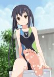  arm_support barefoot black_hair brown_eyes competition_swimsuit day errant feet foreshortening k-on! long_hair mizuno nakano_azusa one-piece_swimsuit sitting smile soles solo splashing swimsuit twintails 