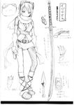  belt boots breasts claws concept_art elbow_gloves fingerless_gloves fishnets gloves goggles gouma_reifuden_izuna greyscale gun highres holster izuna katana kunai large_breasts legs midriff monochrome navel ninja official_art scarf short_hair sketch skirt sword talisman weapon yoshida_on 