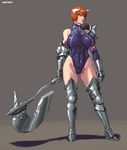  abs armor axe boots breasts brown_hair copyright_request dmitrys gloves horns huge_breasts leotard muscle muscular_female short_hair solo thighhighs weapon 