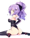  ass black_legwear bow bracelet breasts chandelure costume covered_nipples elbow_gloves gen_5_pokemon gloves green_eyes hair_bow hair_ornament hairclip heart highres homura_subaru jewelry large_breasts looking_back personification pokemon ponytail purple_hair revision simple_background sitting smile solo thighhighs wariza wedgie white_background 