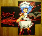  bat_wings blue_hair dress fang hat highres lego looking_back open_mouth outline photo pixel_art polearm red_eyes remilia_scarlet simple_background solo spear spear_the_gungnir touhou weapon white_dress wings you_rei_(blowback) 