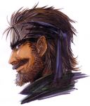  beard blue_eyes brown_hair face facial_hair headband male metal_gear_solid mustache smile solid_snake 