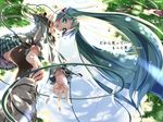  aqua_eyes aqua_hair backlighting bare_shoulders boots cloud day hatsune_miku headphones jewelry kantoku_(style) long_hair necklace open_mouth piromizu skirt sky solo thighhighs tree twintails very_long_hair vocaloid 