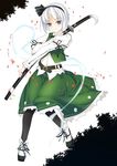  black_hairband ghost hairband hitodama katana konpaku_youmu konpaku_youmu_(ghost) pantyhose petals ribbon rokuwata_tomoe sheath sheathed short_hair solo sword touhou weapon white_hair 