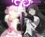  akemi_homura arrow black_hair bow hair_bow hairband highres kaname_madoka mahou_shoujo_madoka_magica multiple_girls pink_hair spoilers ultimate_madoka umakatsuhai weapon 