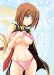  blue_eyes bra bra_lift breasts brown_hair hair_ornament large_breasts lingerie lyrical_nanoha magic_circle mahou_shoujo_lyrical_nanoha navel panties pink_panties shirt_lift short_hair soba_(saz) solo underboob underwear x_hair_ornament yagami_hayate 