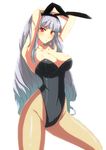  animal_ears armpits arms_behind_head bad_id bad_pixiv_id blush breasts bunny_ears bunny_girl bunnysuit cleavage fishnet_pantyhose fishnets highres idolmaster idolmaster_(classic) large_breasts long_hair looking_at_viewer pantyhose red_eyes risutan shijou_takane silver_hair solo 