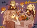  blonde brown_hair candle chair coffee_mug cup curly_hair drill_hair eating fang fork ghost halloween jack-o&#039;-lantern meat mug open_mouth pointed_ears pumpkin red_eyes sitting smile spoon sweater table tagme twin_tails 