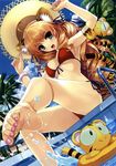  absurdres animal_ears armpits barefoot bikini blonde_hair blue_eyes breasts chair cleavage cloud cradle_(artist) day dutch_angle feet foreshortening front-tie_top hat highres kotora_(toranoana) long_hair lounge_chair medium_breasts misaki_kurehito nail_polish original outdoors palm_tree pool pool_ladder poolside pov_feet side-tie_bikini solo splashing straw_hat string_bikini swimsuit tail tiger tiger_ears tiger_tail toenail_polish toes toranoana tree underboob very_long_hair water 