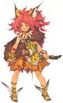  avalon_code big_hair bracelet claws earrings eyebrows feathers fur green_eyes haccan highres jewelry knife lauca nut_(food) official_art red_hair sandals simple_background solo standing thick_eyebrows toes 