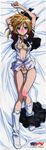  1girl absurdres arms_up asu_no_yoichi bed bed_sheet blonde_hair blue_eyes blush bow bra dakimakura feet highres ikaruga_ayame legs lingerie long_image loose_socks morishima_noriko open_clothes open_shirt panties pantsu school_uniform shirt short_hair socks solo tall_image underwear undressing 