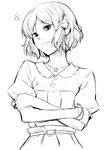  belt bow bracelet crossed_arms face fictional_persona greyscale hair_bow jewelry mole mole_under_eye monochrome necklace original shiba_itsuki short_hair simple_background sketch skirt solo white_background 