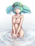  ao_usagi between_breasts blue_hair breasts closed_eyes collarbone commentary convenient_arm curvy face hair_bobbles hair_ornament hands hands_together hat hips kawashiro_nitori key medium_breasts nipples nude own_hands_together short_hair solo standing touhou two_side_up wading water wide_hips 