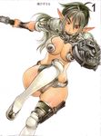  absurdres ahoge armor ass_visible_through_thighs bangs bikini_armor black_hair blush body_blush boots breasts card_(medium) center_opening closed_mouth crop_top dagger dark_elf dutch_angle echidna elf eyebrows_visible_through_hair f.s. feet_out_of_frame fur_trim gem gorgon grey_hair grey_legwear groin hair_between_eyes highres hips holding holding_shield holding_sword holding_weapon holster jumping keltan knee_boots knee_pads leg_lift light_smile lips living_clothes long_hair long_pointy_ears medium_breasts multicolored_hair official_art open_mouth outstretched_arm over-kneehighs pauldrons pink_lips pointy_ears ponytail queen's_blade red_eyes revealing_clothes ruby_(stone) scales scan sharp_teeth sheath sheathed shield short_sleeves sidelocks simple_background slit_pupils smile snake snake_hair solo sword teeth thigh_strap thighhighs thighlet thighs translated two-tone_hair underboob v-shaped_eyebrows weapon white_background white_footwear wrist_wrap 