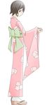  black_hair hitou_nami japanese_clothes kimono normal obi official_style sandals sash sayonara_zetsubou_sensei short_hair sideways_glance simple_background solo standing 