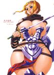  armor blonde_hair blue_eyes braid breasts buckle cover cover_page curvy doujinshi highres hiuma huge_breasts leina queen's_blade revealing_clothes short_hair_with_long_locks side_braid solo sword twin_braids weapon wide_hips 