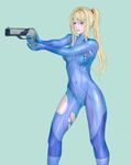  absurdres beauty_mark blonde_hair blue_eyes breasts cameltoe female gun highres legs long_hair long_legs metroid mole ponytail samus_aran simple_background skin_tight solo sweet_(pixiv2265618) thighs torn_clothes weapon zero_suit 