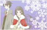  1girl bangs black_hair blunt_bangs brother_and_sister coat glasses itoshiki_mikoto itoshiki_rin japanese_clothes kimono long_hair necktie poyon sayonara_zetsubou_sensei siblings smile snow snowflakes wavy_hair 