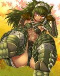  alternate_color armlet armor blush boots breasts cameltoe collarbone covered_nipples fang fishnets gauntlets gloves green_hair green_nargacuga_(armor) hairband highres leaf long_hair medium_breasts monster_hunter monster_hunter_portable_3rd nargacuga_(armor) paw_pose pt@i red_eyes solo tan underboob 