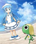  blue_eyes blue_hair crossover dress frog hat highres ikamusume keroro keroro_gunsou long_hair sam_(nakabashi) shinryaku!_ikamusume solo tentacle_hair trait_connection 