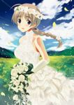  blue_eyes blush bouquet braid breasts brown_hair cloud day dress elbow_gloves flower gloves hair_flower hair_ornament kyougoku_shin large_breasts long_hair lynette_bishop mountain open_mouth rose single_braid sky sleeveless sleeveless_dress smile solo strike_witches wedding_dress white_flower white_rose world_witches_series wreath 
