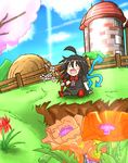  ahoge asymmetrical_wings black_hair black_legwear blue_wings blush bow chibi dress fang flower happy holding houjuu_nue open_mouth red_eyes red_wings rindou_(p41neko) short_hair sitting solo thighhighs touhou tree wings wristband zettai_ryouiki 