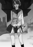  box_cutter bridge cardigan hairclip knife monochrome school_uniform short_hair skirt sweater 