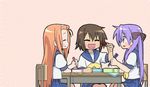  chopsticks desk fang food hiiragi_kagami kusakabe_misao left-handed lucky_star lunch meatball minegishi_ayano multiple_girls nagian purple_hair ryouou_school_uniform school_uniform serafuku 