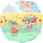  antennae ascot bad_id bad_pixiv_id bird blush_stickers cape chibi circle cloud day dress flower green_eyes green_hair kazami_yuuka multiple_girls nura_(oaaaaaa) shoes socks sun touhou transparent_background umbrella wriggle_nightbug 