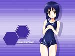  bare_shoulders blue_hair blush duplicate jinki kawamoto_satsuki navel one-piece_swimsuit school_swimsuit short_hair skin_tight solo standing swimsuit thighs tsunashima_shirou wallpaper yellow_eyes 