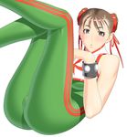  alternate_color ass blush bodysuit brown_eyes brown_hair cameltoe chun-li double_vertical_stripe green_bodysuit kansuke legs_together legs_up short_hair solo street_fighter unitard 