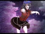  bad_id bad_pixiv_id black_eyes black_hair cherry_blossoms face flower foreshortening hands hat jiangshi letterboxed miyako_yoshika ofuda open_mouth outstretched_arms petals short_hair skirt sky solo star tomoe_(itigo) touhou tree zombie zombie_pose 