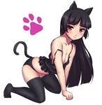  all_fours animal_ears bangs black_hair black_legwear blunt_bangs blush breasts camisole cat_ears cat_tail cleavage embarrassed flat_chest gokou_ruri lingerie long_hair midriff mole mole_under_eye nagii nipple_slip nipples ore_no_imouto_ga_konna_ni_kawaii_wake_ga_nai panties paw_print red_eyes simple_background small_breasts solo strap_slip tail thighhighs underwear underwear_only very_long_hair 