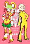  blonde_hair bodysuit bruce_lee's_jumpsuit chinese_clothes costume detached_sleeves dragon_kid dual_persona elbow_gloves frown gloves green_eyes green_hair huang_baoling jumpsuit morisuke short_hair shorts smile thighhighs tiger_&amp;_bunny yellow_bodysuit 