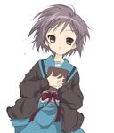  book brown_eyes cardigan core gray_hair jacket nagato_yuki ribbon school_uniform skirt suzumiya_haruhi_no_yuuutsu 