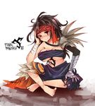 bandage barefoot blush breasts brown_hair cleavage female final_fantasy final_fantasy_x full_body genderswap grin headband jecht large_breasts long_hair navel oshiruko_(tsume) red_eyes sitting smile solo tattoo torn_clothes tsume_(artist) 