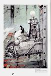  1boy 1girl 2001 blame! blood_on_ground cyborg dog fog highres holding killy megastructure nihei_tsutomu page_number photoshop_(medium) short_hair sitting white_dog white_hair 