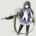  akemi_homura ammunition_belt black_hair blue_eyes bullet gun hairband long_hair m249 machine_gun magical_girl mahou_shoujo_madoka_magica musclecar pantyhose solo weapon 