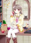  bad_id bad_pixiv_id blush boots brown_eyes brown_hair copyright_request food fruit long_hair pantyhose sitting solo tsukino_neru white_legwear 